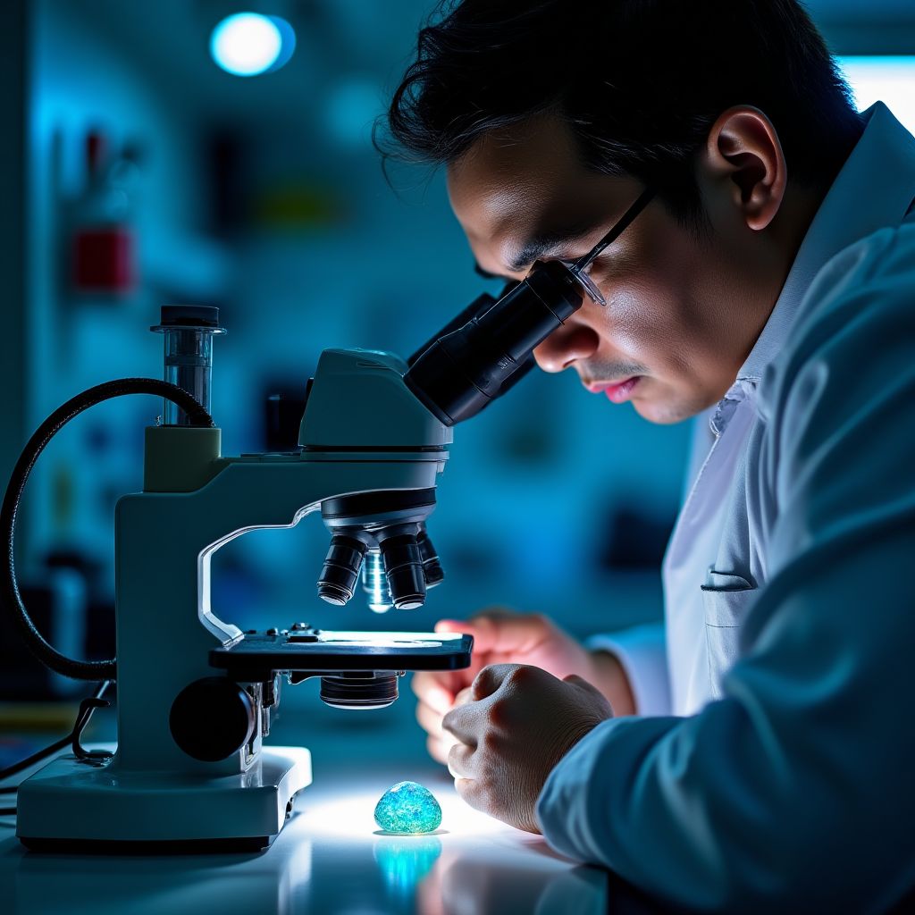 Gemologist examining an opal with specialized equipment